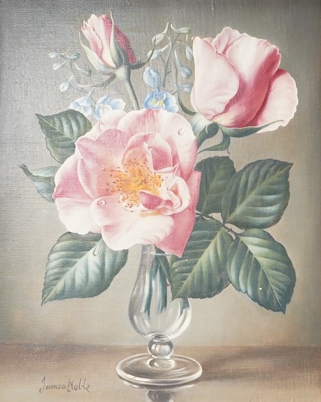 James Noble (1919-1989), 'Pink roses', still life, signed, Ex. E. Stacy-Marks, with accompanying paperwork, labels verso, oil on canvas, 24 x 19cm